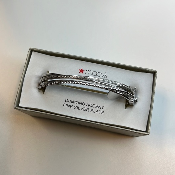 Macy’s Silver Plated Bangle Bracelet w/ Diamond Accents, NWT!! - Picture 1 of 3